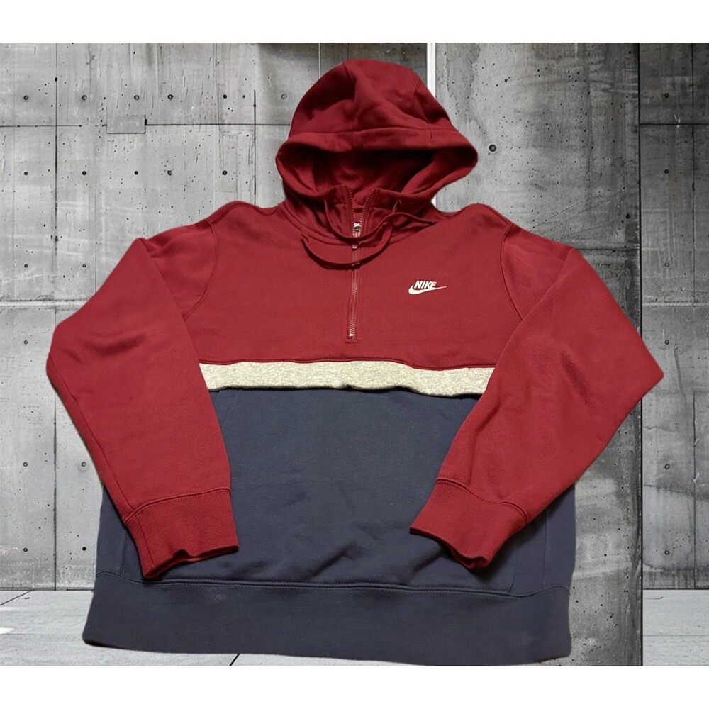 Nike Red Blue Gray Color Block Half Zip Hoodie Sweatshirt S